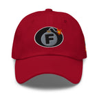 Red low-profile dad hat with embroidered F-Bomb front design, front view