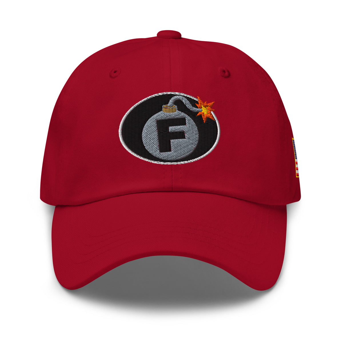 Red low-profile dad hat with embroidered F-Bomb front design, front view
