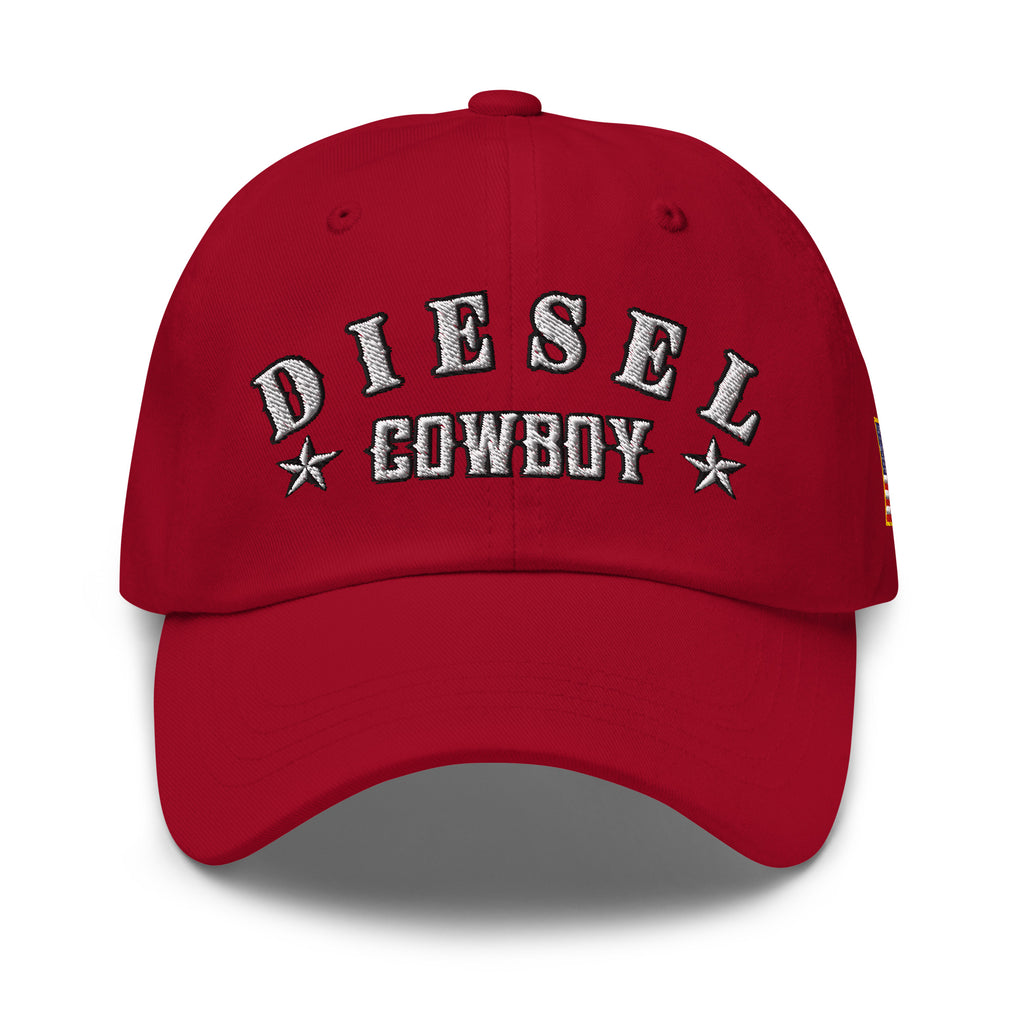 Red low-profile dad hat with embroidered Diesel Cowboy front design, front view