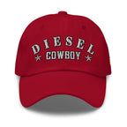 Red low-profile dad hat with embroidered Diesel Cowboy front design, front view