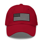 Cranberry dad hat, front view with Black and White American Flag embroidery