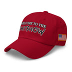 Welcome To The Shitshow Dad hat in Cranberry, left front view
