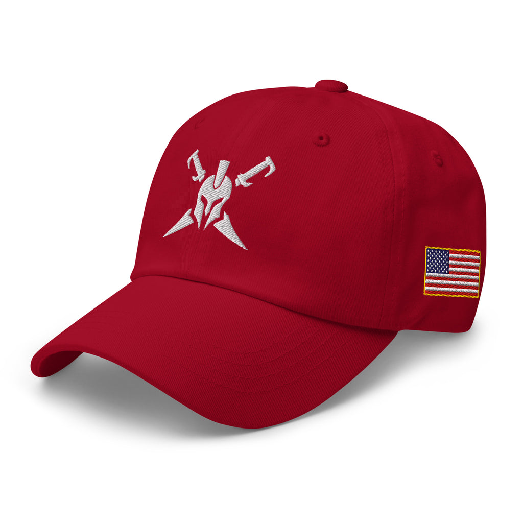 Cranberry, dad hat, with embroidered Call to Arms, left front view