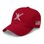 Cranberry, dad hat, with embroidered Call to Arms, left front view