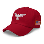 Cranberry, dad hat, with embroidered patriotic eagle crest, left front view