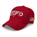 Cranberry dad hat with embroidered FAFO Power design, left front view
