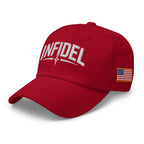 Cranberry dad hat with embroidered Infidel Spike design, left front view