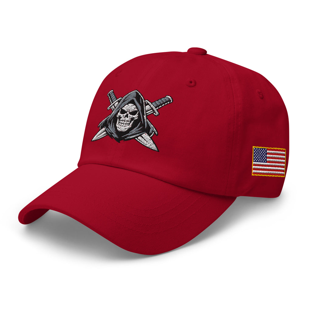 Cranberry dad hat with embroidered Only Fear Infidel reaper design, left front view
