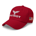 Cranberry dad hat with embroidered Patriot Eagle design, left front view