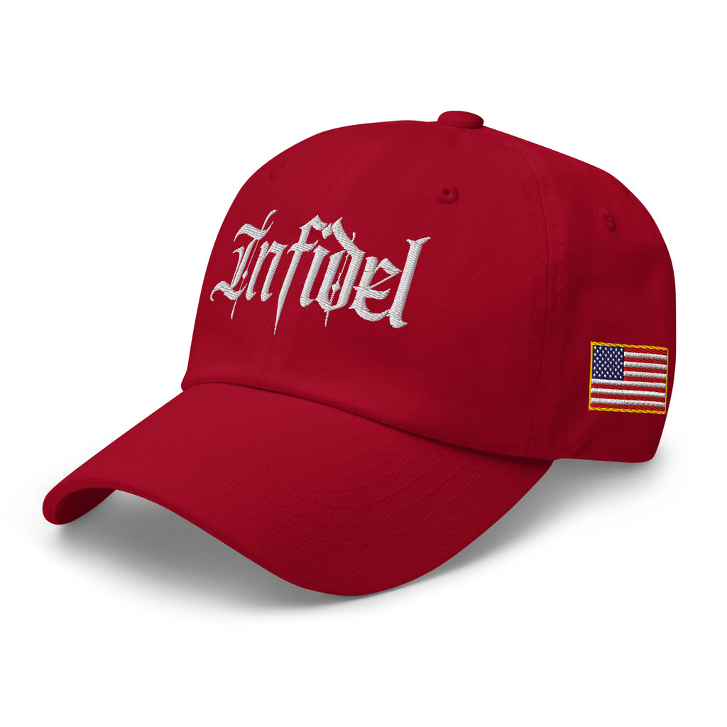 Cranberry dad hat with embroidered Infidel Script design, left front view