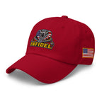 Red low-profile dad hat with embroidered INFIDEL USA Flag Cobra design, left front view