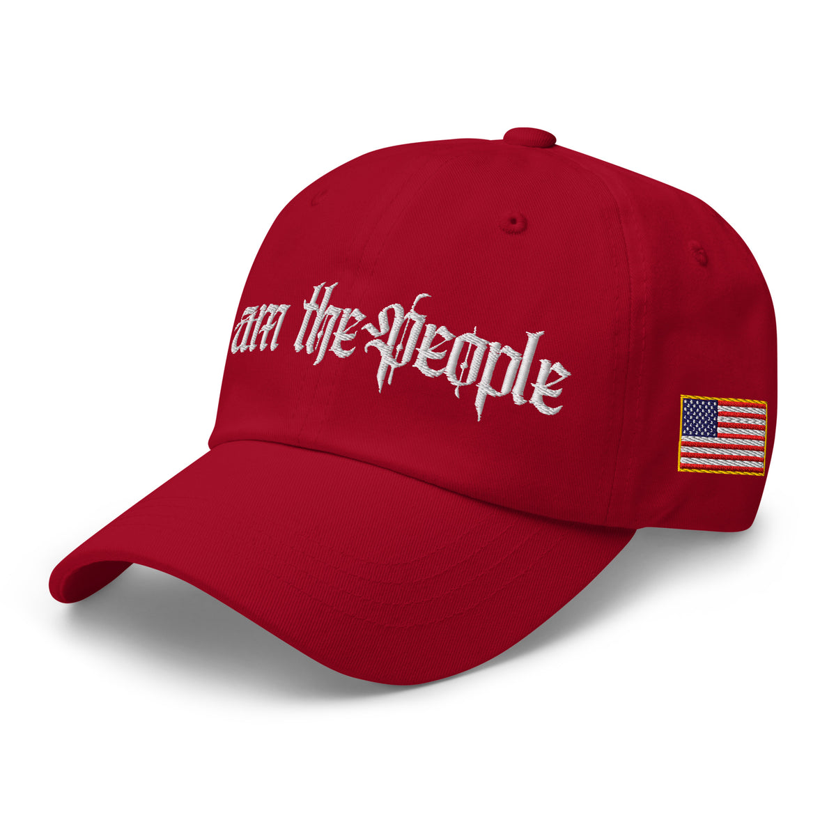 Red low-profile dad hat with embroidered I Am the People design, left front view