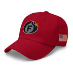Red low-profile dad hat with embroidered F-Bomb design, left front view