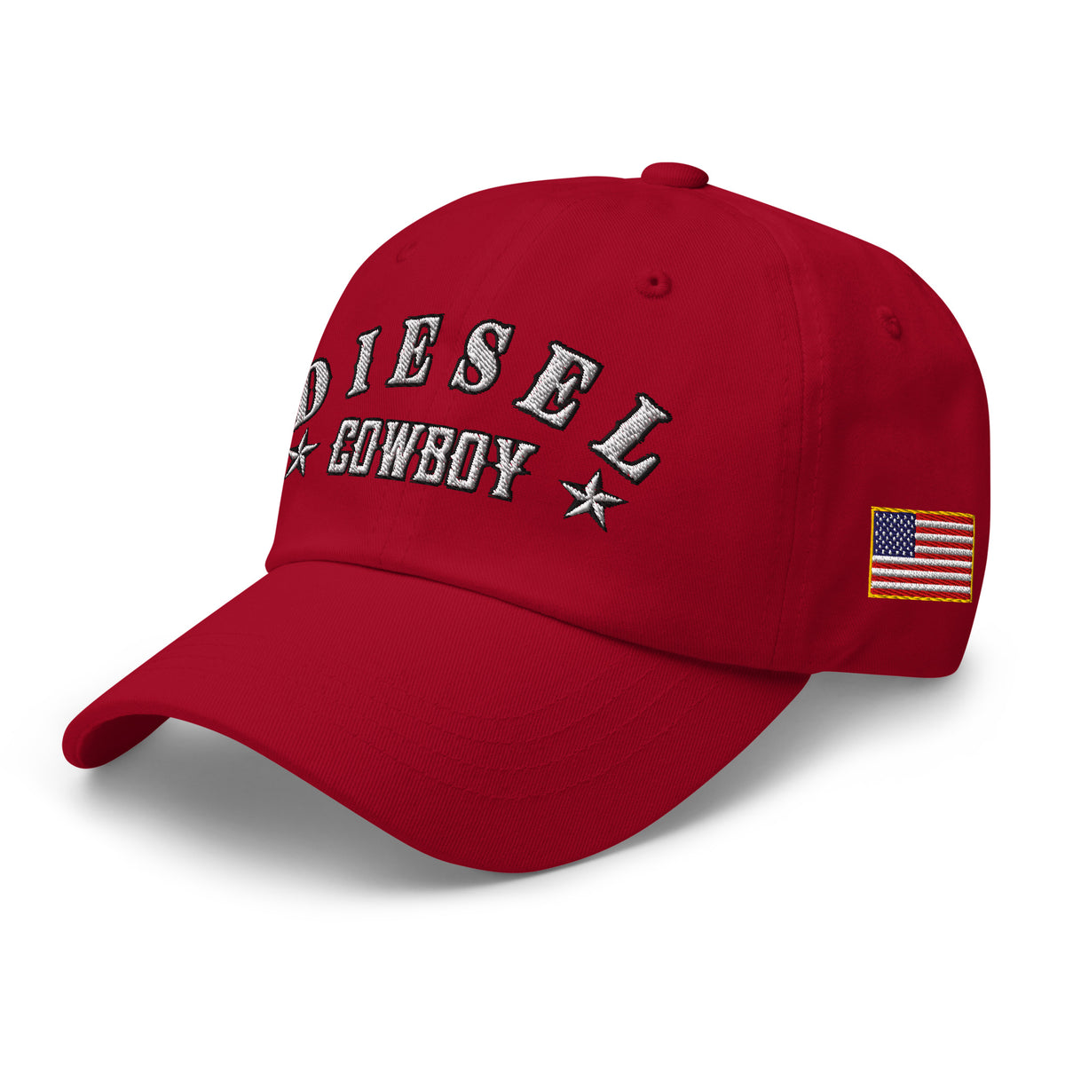 Red low-profile dad hat with embroidered Diesel Cowboy design, left front view