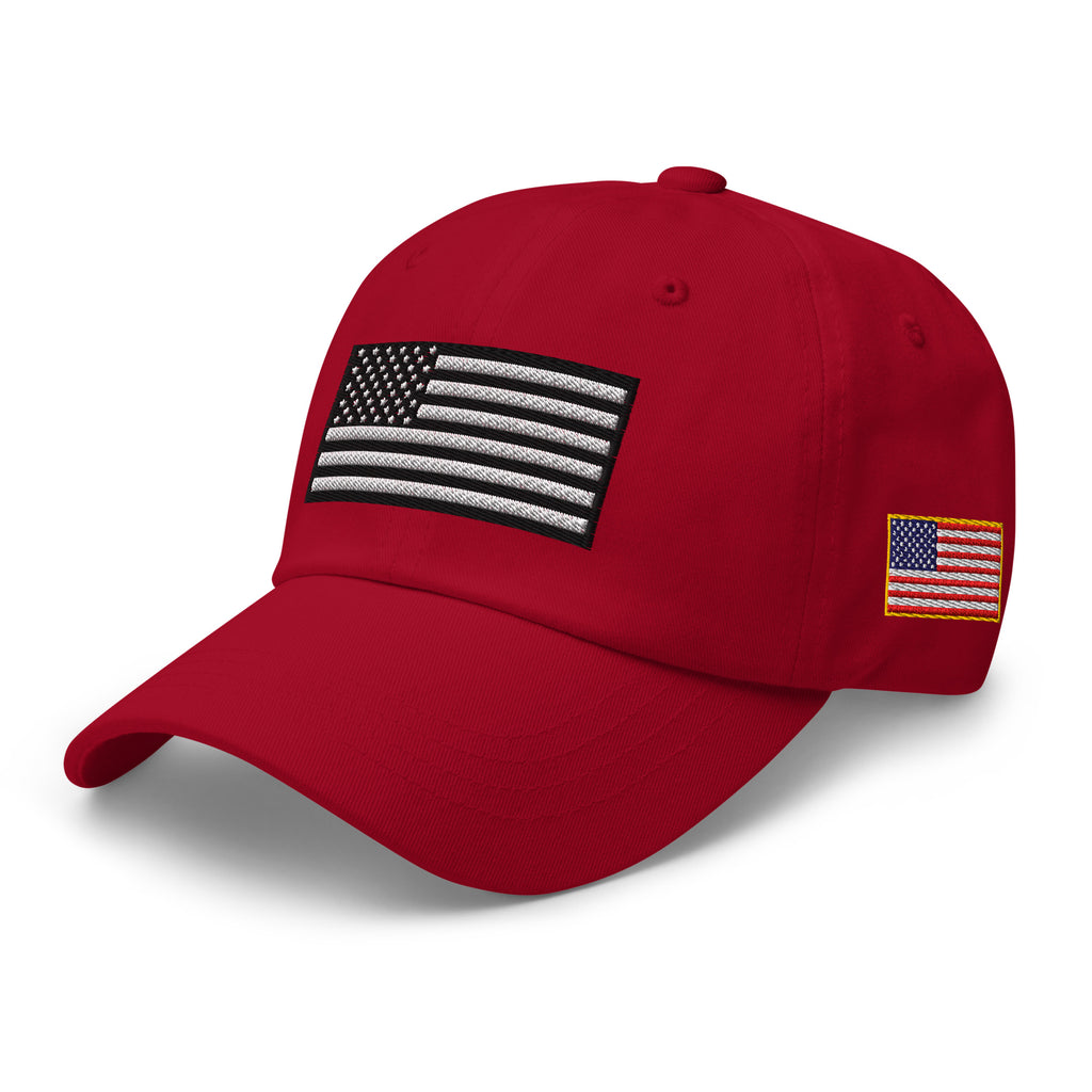 Cranberry dad hat, left front view with Black and White American Flag embroidery