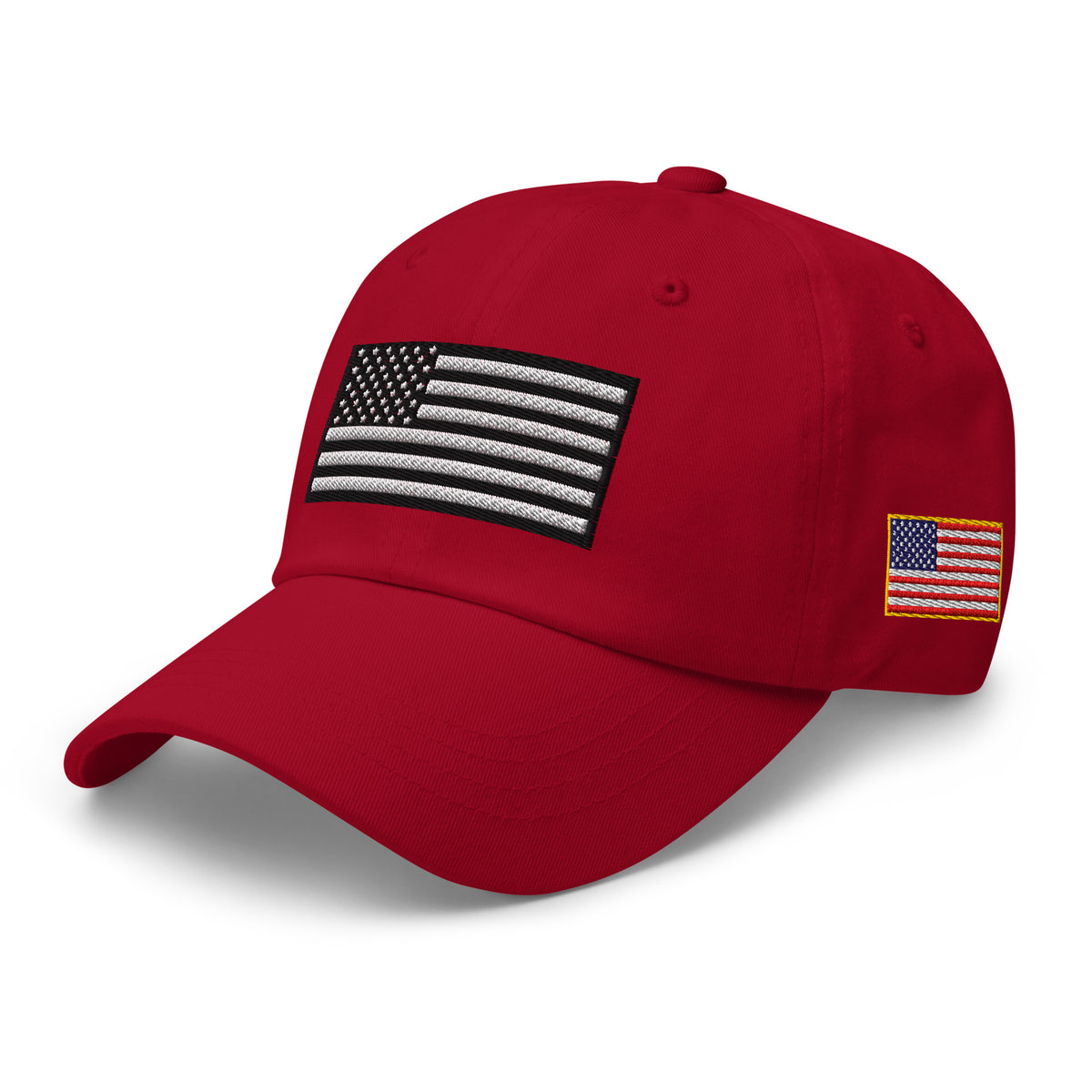Cranberry dad hat, left front view with Black and White American Flag embroidery