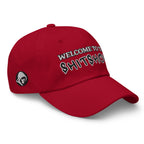 Welcome To The Shitshow Dad hat in Cranberry, right front view