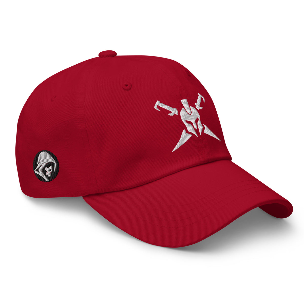 Cranberry, dad hat, with embroidered Call to Arms, right front view