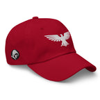 Cranberry, dad hat, with embroidered patriotic eagle crest, right front view