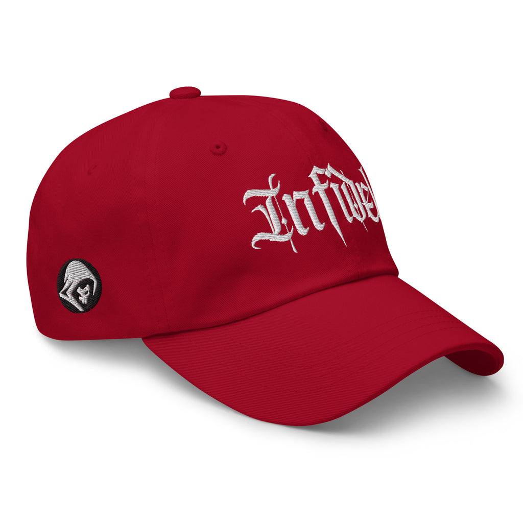 Cranberry dad hat with embroidered Infidel Script design, right front view
