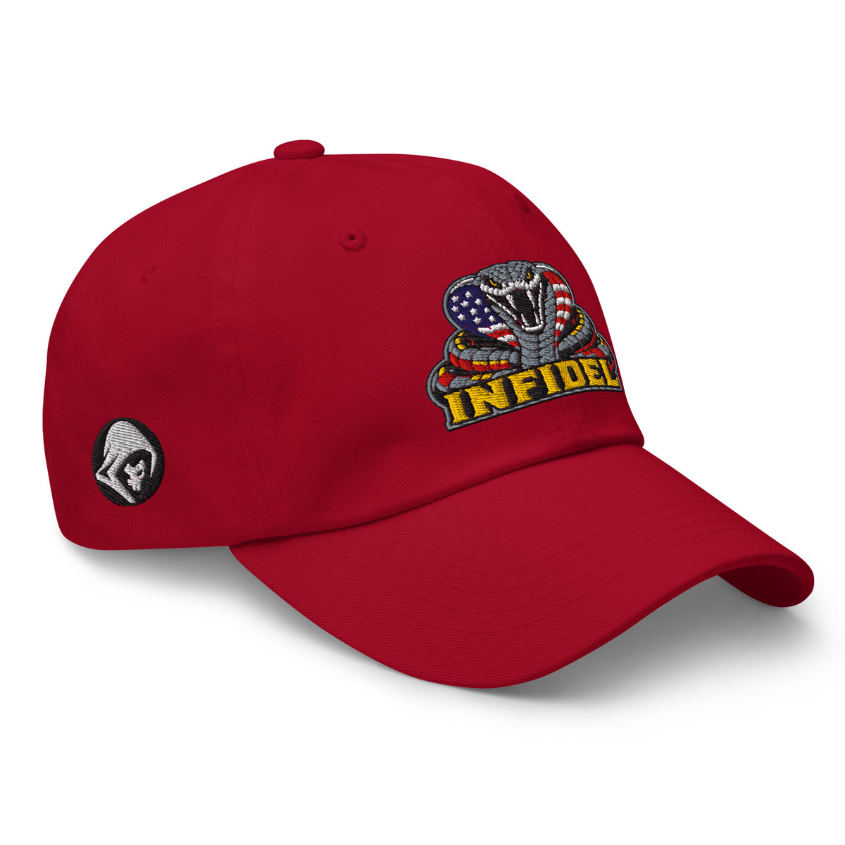 Red low-profile dad hat with embroidered INFIDEL USA Flag Cobra design, right front view
