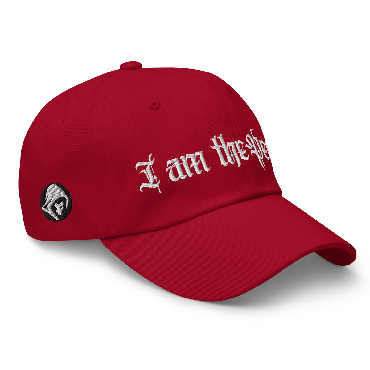 Red low-profile dad hat with embroidered I Am the People design, right front view