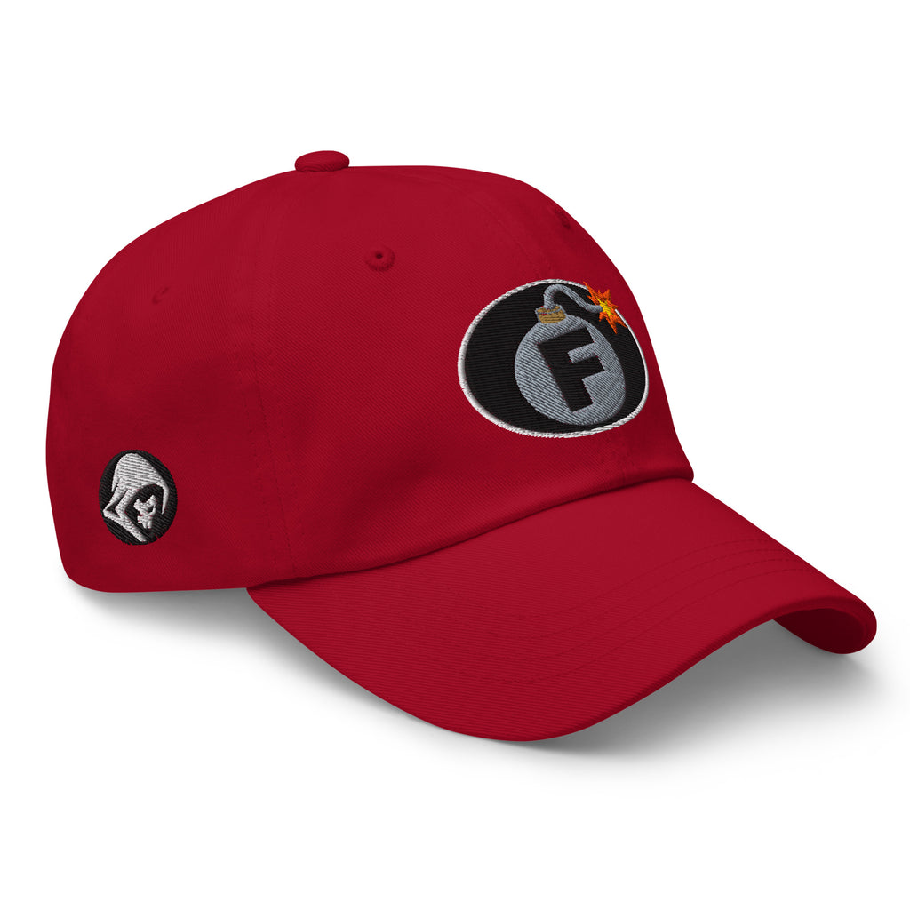 Red low-profile dad hat with embroidered F-Bomb design, right front view