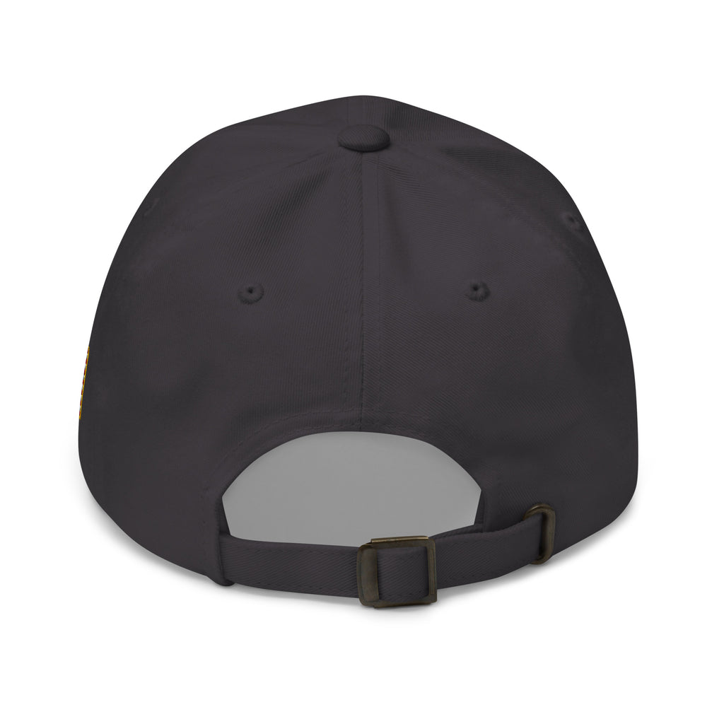 Dark Grey dad hat with embroidered INFIDEL War Pig design, back view