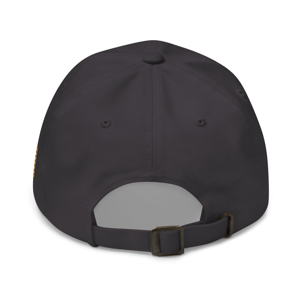 Dark Grey dad hat with embroidered Only Fear Infidel reaper design, back view