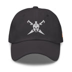 Dark Grey, dad hat, with embroidered Call to Arms, front view