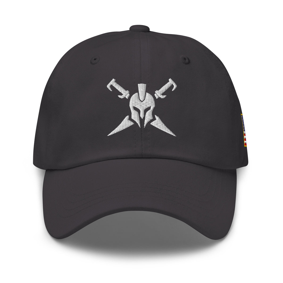 Dark Grey, dad hat, with embroidered Call to Arms, front view
