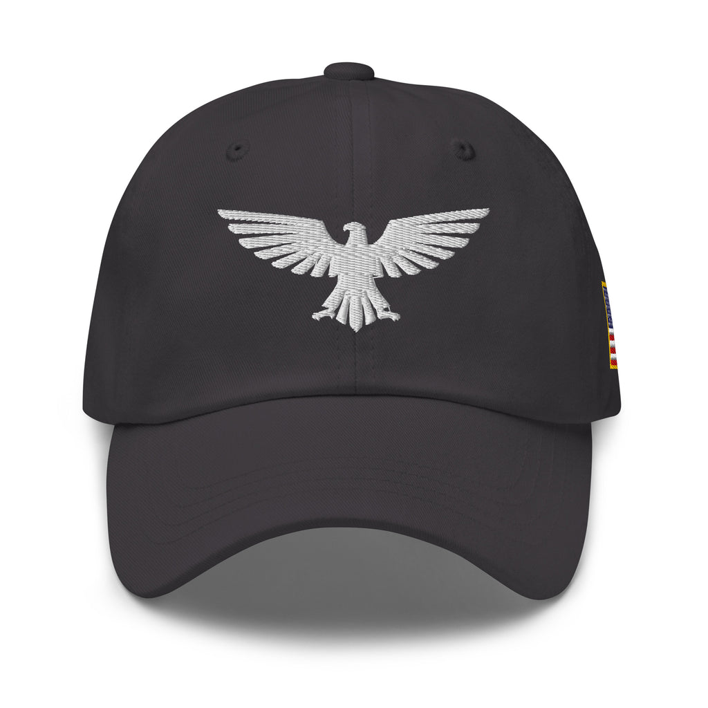 Dark Grey, dad hat, with embroidered patriotic eagle crest, front view