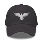 Dark Grey, dad hat, with embroidered patriotic eagle crest, front view