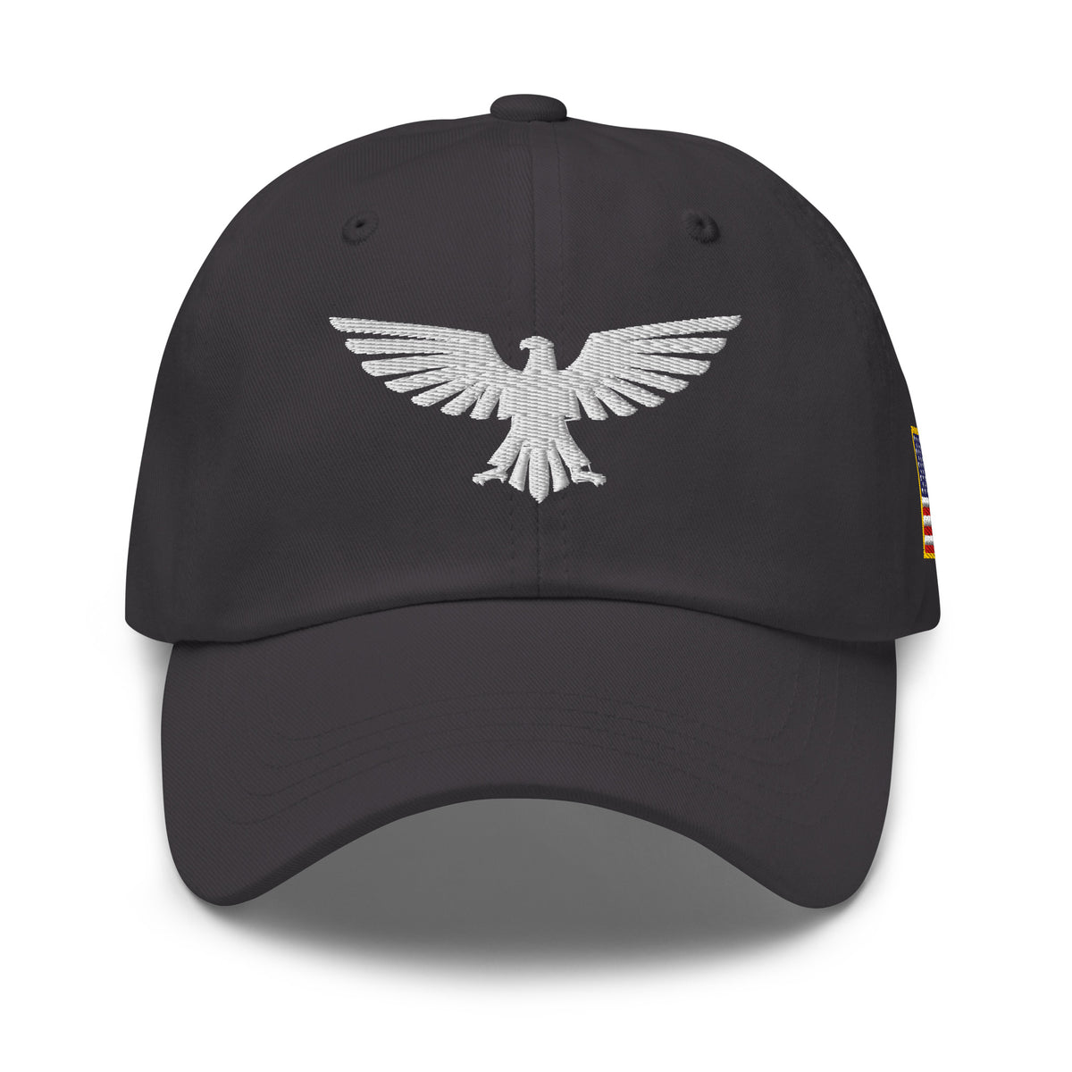 Dark Grey, dad hat, with embroidered patriotic eagle crest, front view