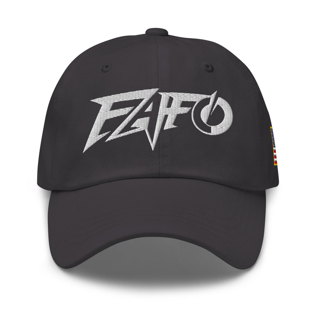 Dark Grey dad hat with embroidered FAFO Power design, front view