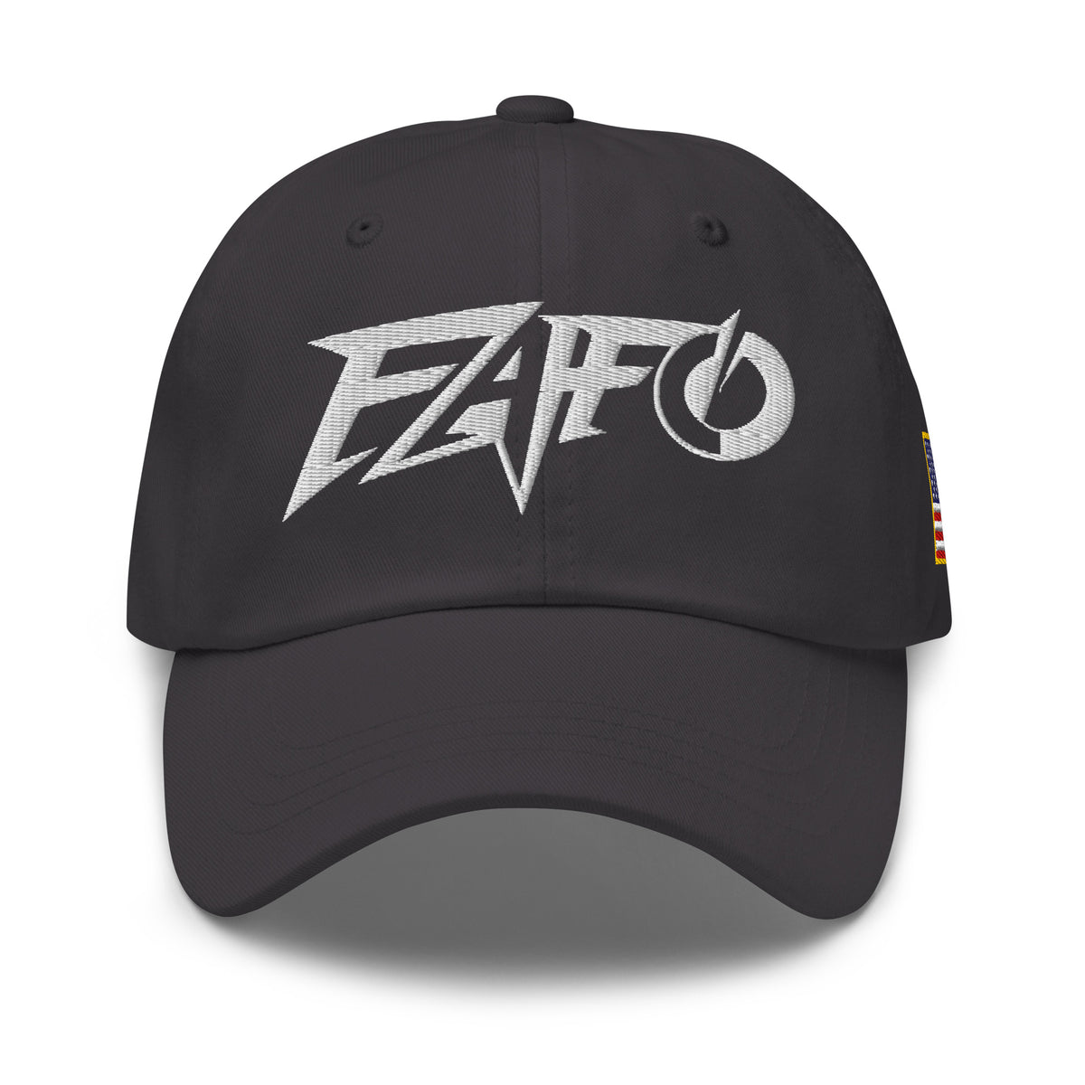 Dark Grey dad hat with embroidered FAFO Power design, front view