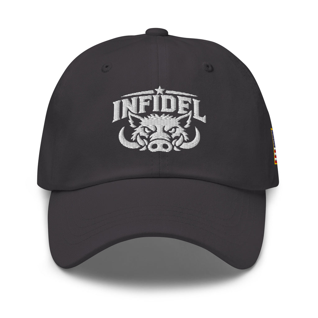 Dark Grey dad hat with embroidered INFIDEL War Pig design, front view