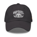 Dark Grey dad hat with embroidered INFIDEL War Pig design, front view
