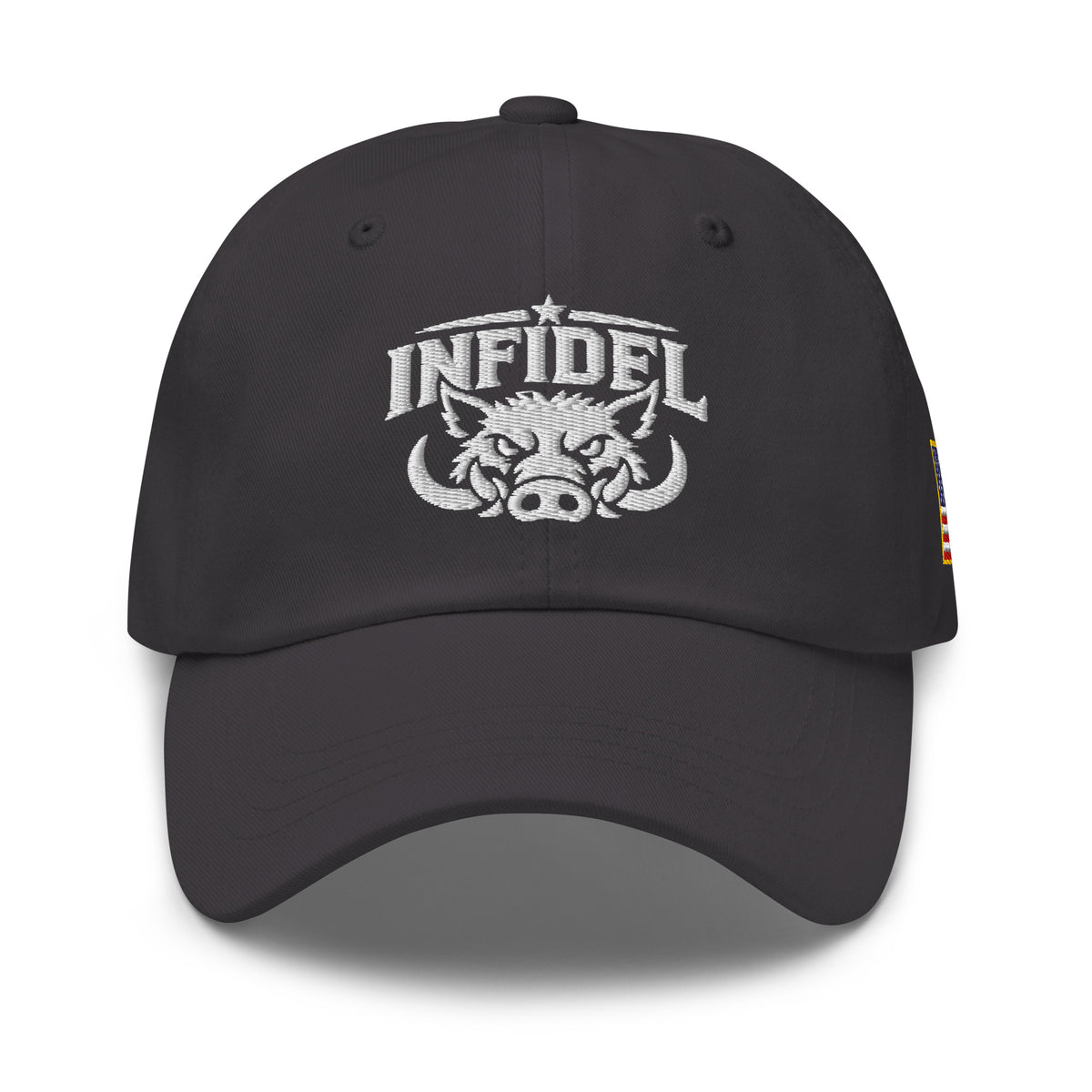 Dark Grey dad hat with embroidered INFIDEL War Pig design, front view