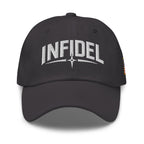 Dark Grey dad hat with embroidered Infidel Spike design, front view