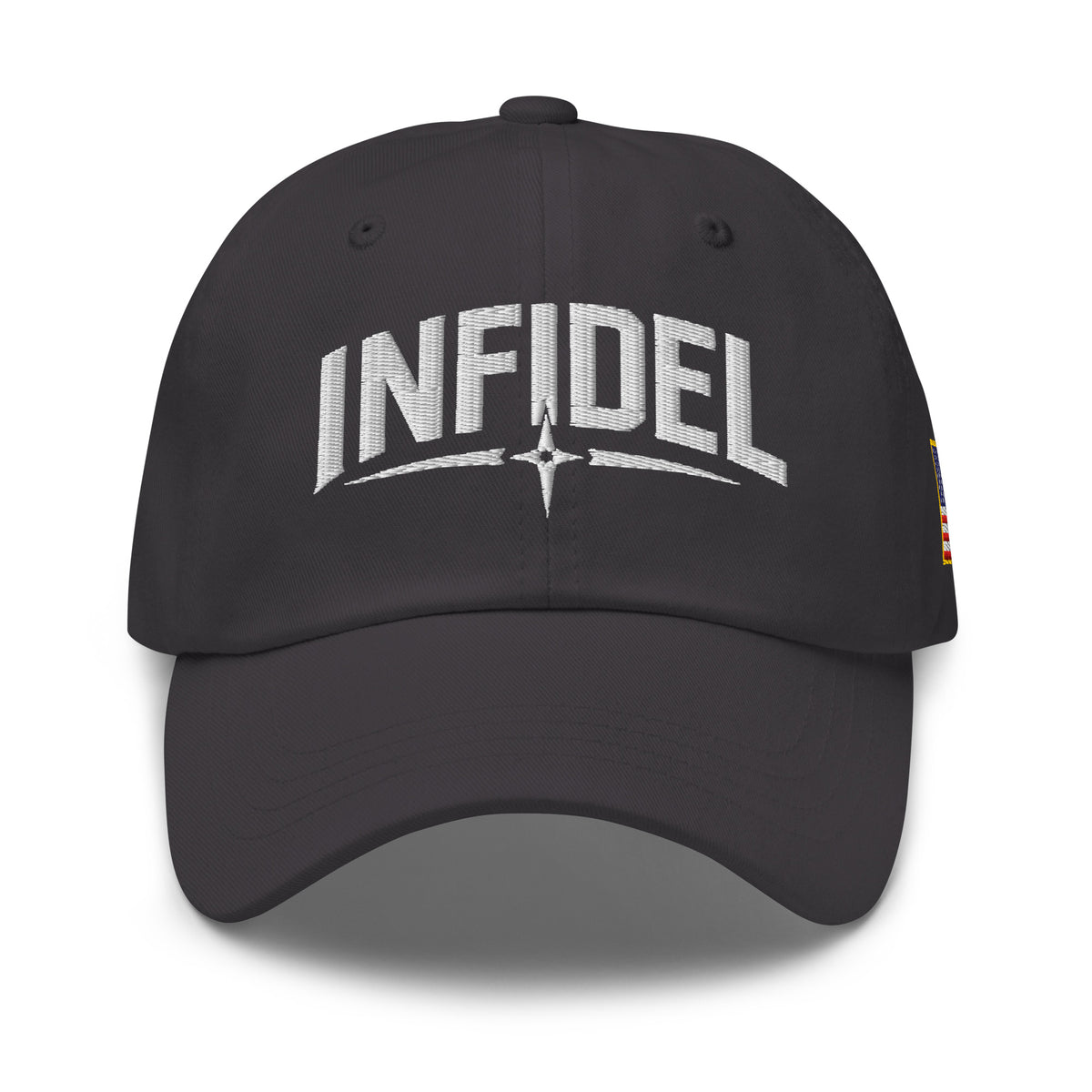 Dark Grey dad hat with embroidered Infidel Spike design, front view