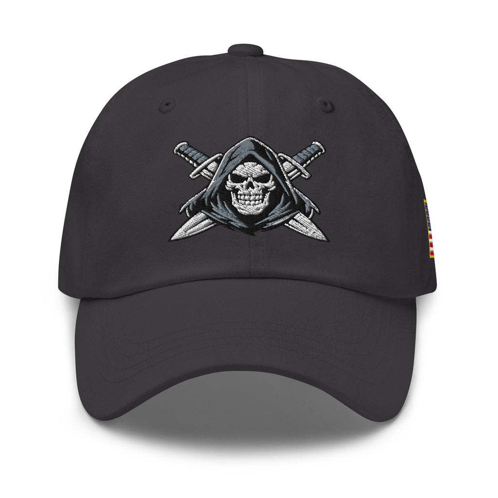 Dark Grey dad hat with embroidered Only Fear Infidel reaper design, front view