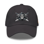 Dark Grey dad hat with embroidered Only Fear Infidel reaper design, front view