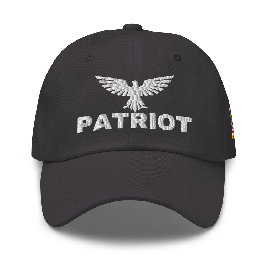 Dark Grey dad hat with embroidered Patriot Eagle design, front view