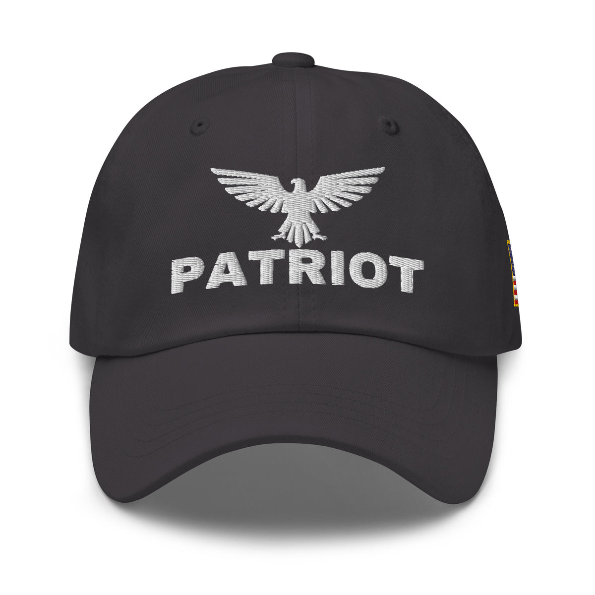 Dark Grey dad hat with embroidered Patriot Eagle design, front view