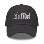 Dark Grey dad hat with embroidered Infidel Script design, front view