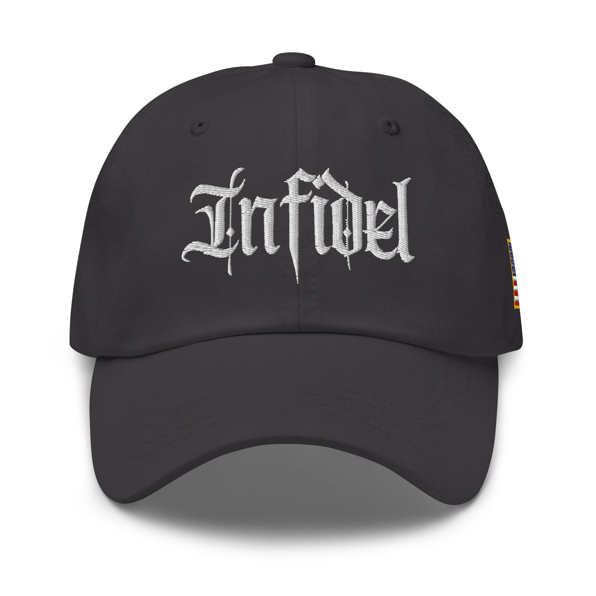 Dark Grey dad hat with embroidered Infidel Script design, front view