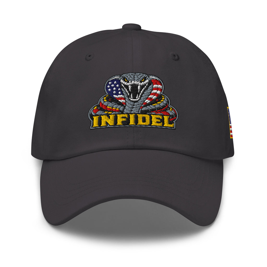 Dark Grey low-profile dad hat with embroidered INFIDEL USA Flag Cobra front design, front view