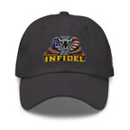 Dark Grey low-profile dad hat with embroidered INFIDEL USA Flag Cobra front design, front view