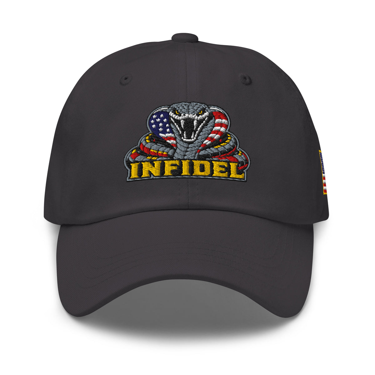 Dark Grey low-profile dad hat with embroidered INFIDEL USA Flag Cobra front design, front view
